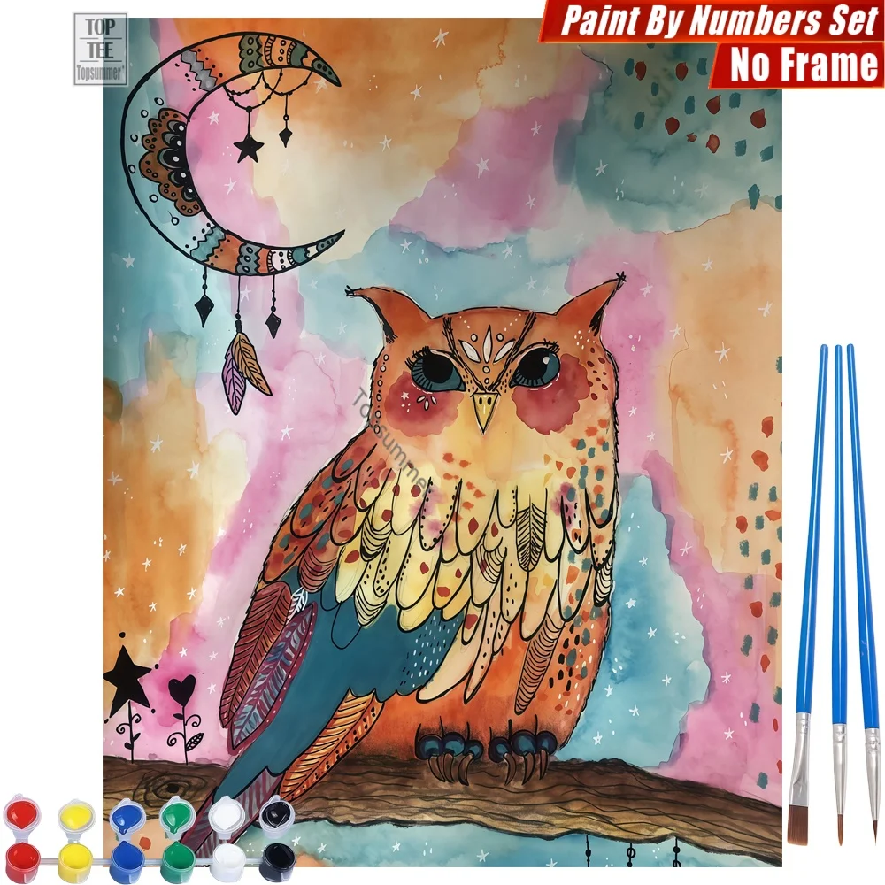 

Owl Crescent Moon DIY Painting By Numbers Set - Owl Night Dreamy Home Bedroom Decor Birthday Gift For Woman