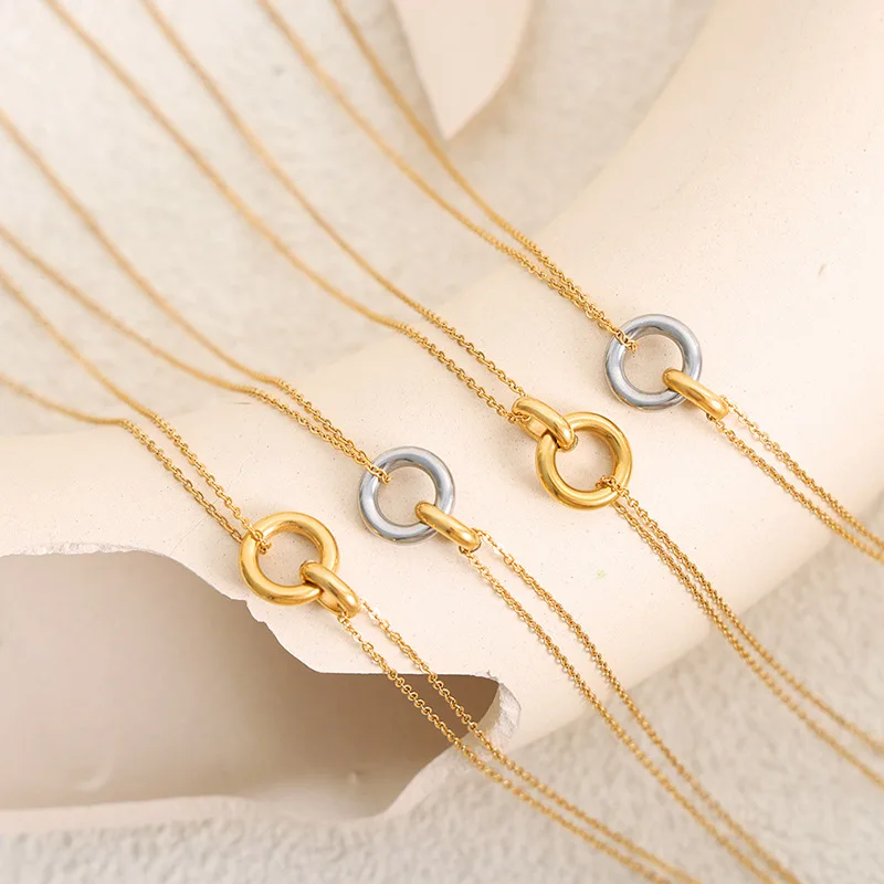 Two-tone Circular Ring Pendant Necklace For Women 18k Gold Plated Stainless Steel Women\'s Chain Necklace