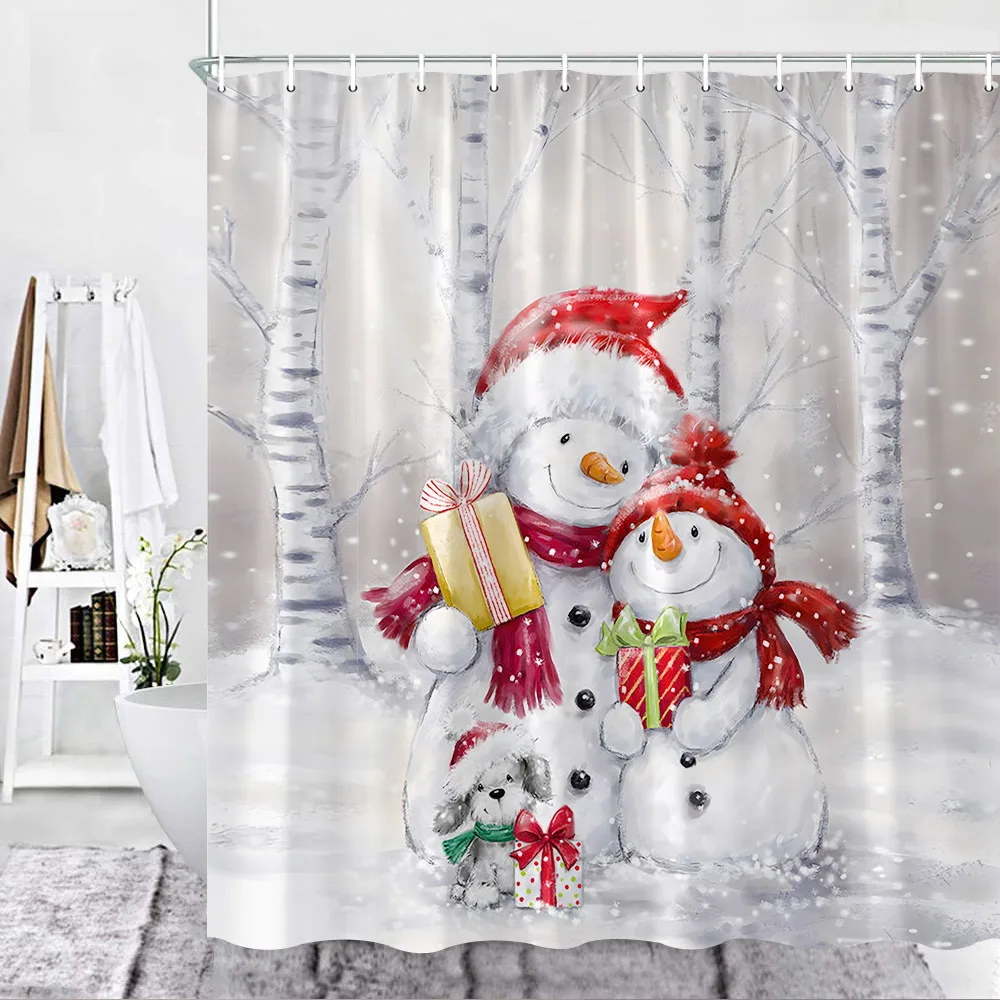 

Christmas Shower Curtain Set, Snowman in the Snow Birch Grove Woods Winter Farmhouse Bathroom Home Holiday New Year Decor Fabric