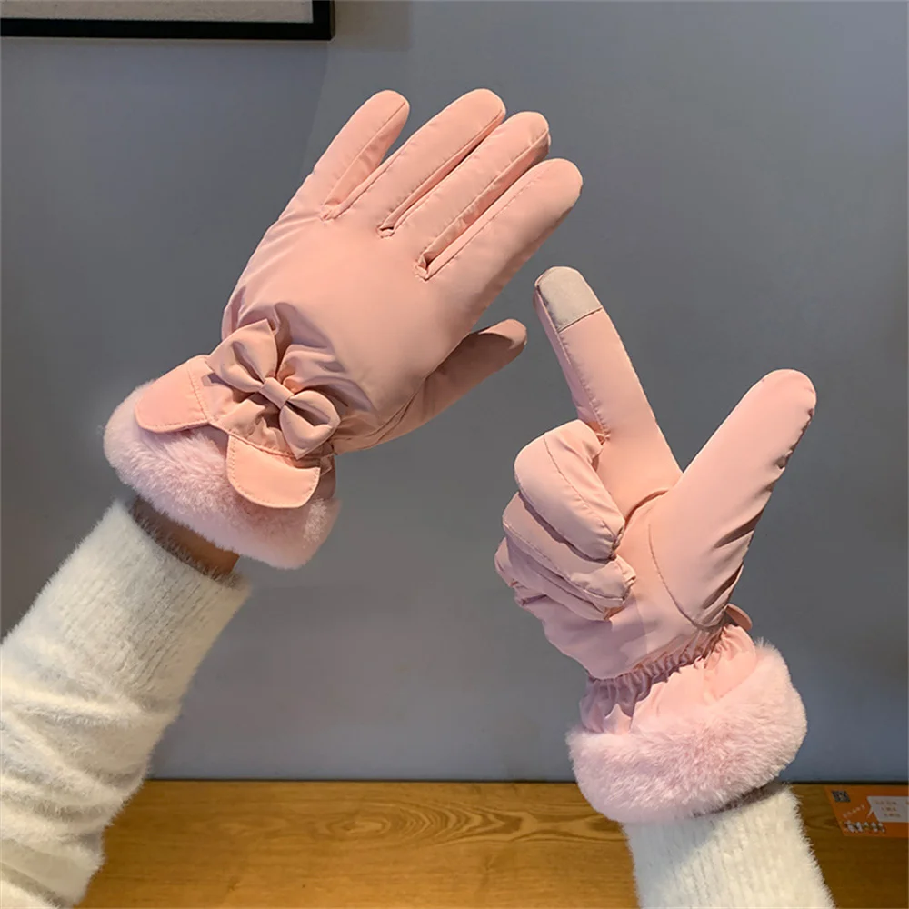 1pair Winter Warm Women'S Cycling Velvet Thickened Gloves Bear Ears Bow Outdoor Water-Repellent Ski Gloves image 2