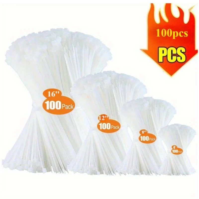 100pcs Nylon Zip Ties - Self-Locking Plastic Wire Ties in Various Sizes (4, 6, 8, 12) for Indoor, Home, Office