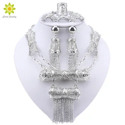 Luxury Dubai Silver Color Jewelry Sets African Bridal Wedding Tassels Jewelry Set Necklace Bracelet Earrings Ring Set Lady Gift