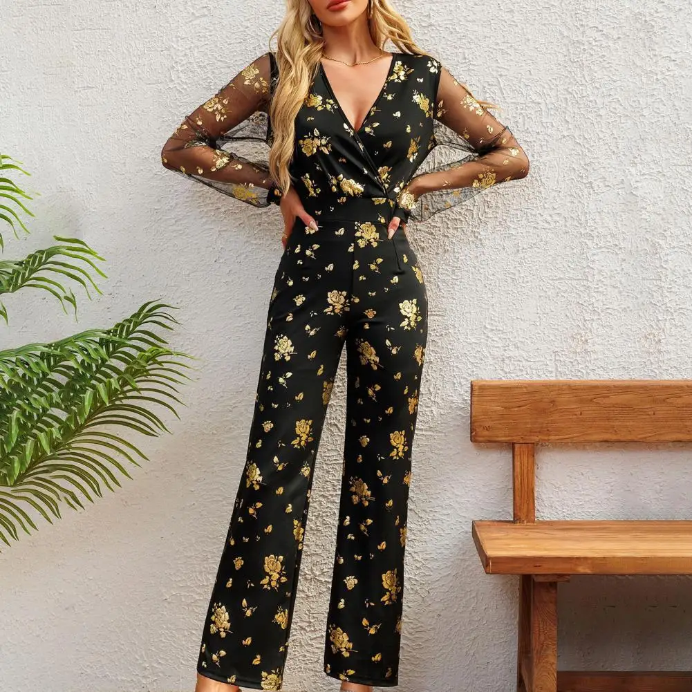 

Formal Lace Jumpsuit Elegant Rose Sequin Party Jumpsuit with Geometric Mesh Sleeves for Women Slim Fit High Waist Formal