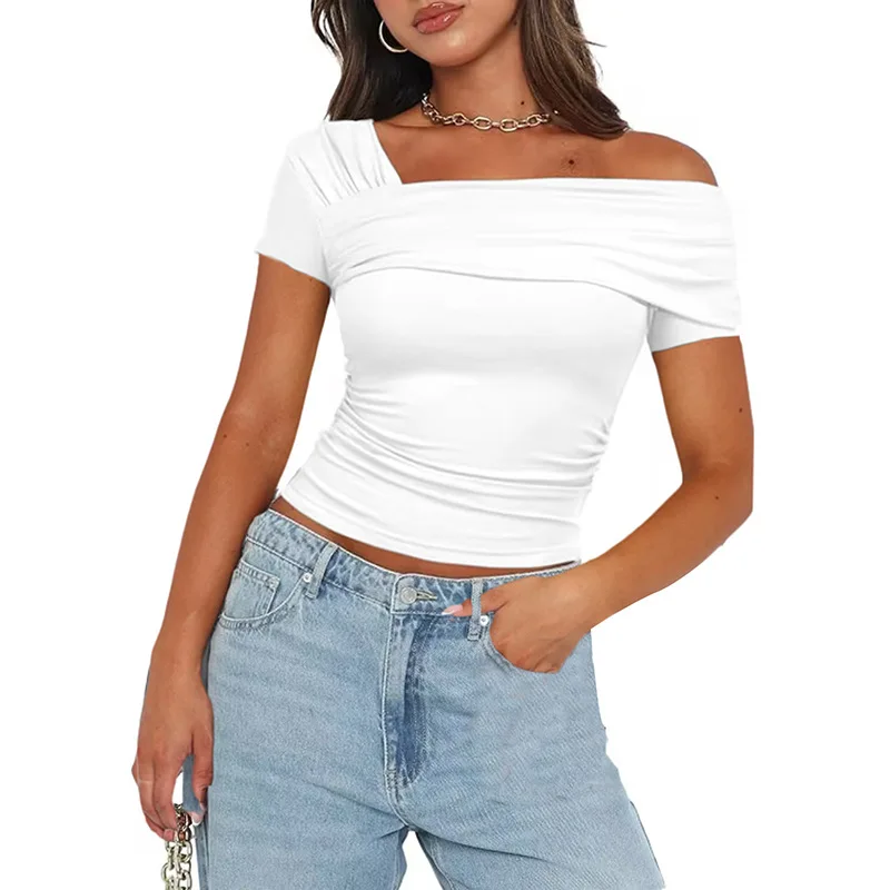 

Spring T-shirt Womennew Solid Color Single Shoulder Short Sleeve Backless Pleated Top T-shirt Women Casual Sexy Top