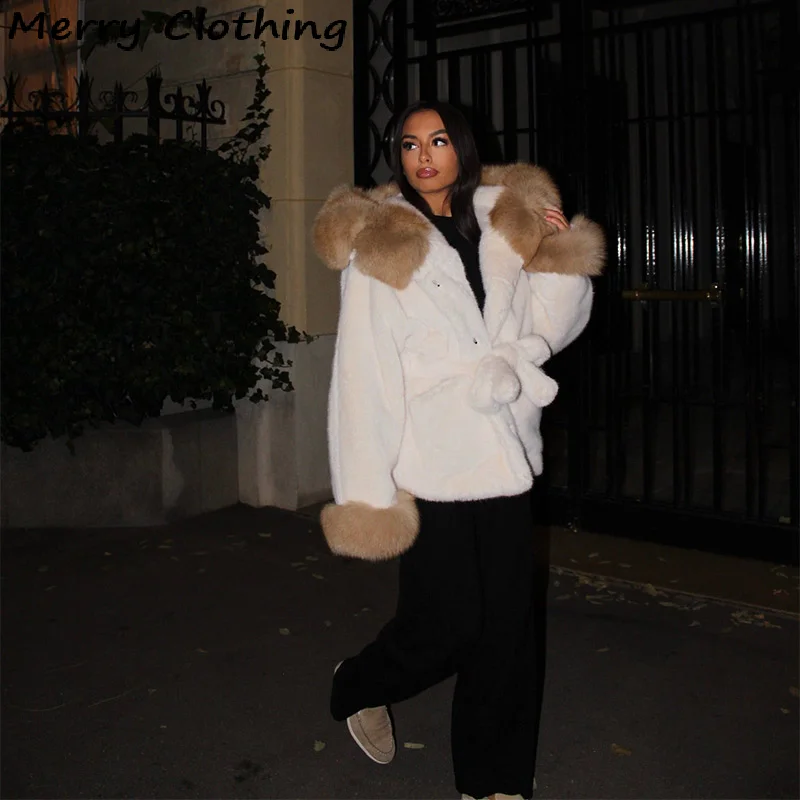 Dikker warme namaakbontjas voor dames Retro patchwork harige kraag mouw capuchon veterzak bovenkleding NIEUWE damesjassen