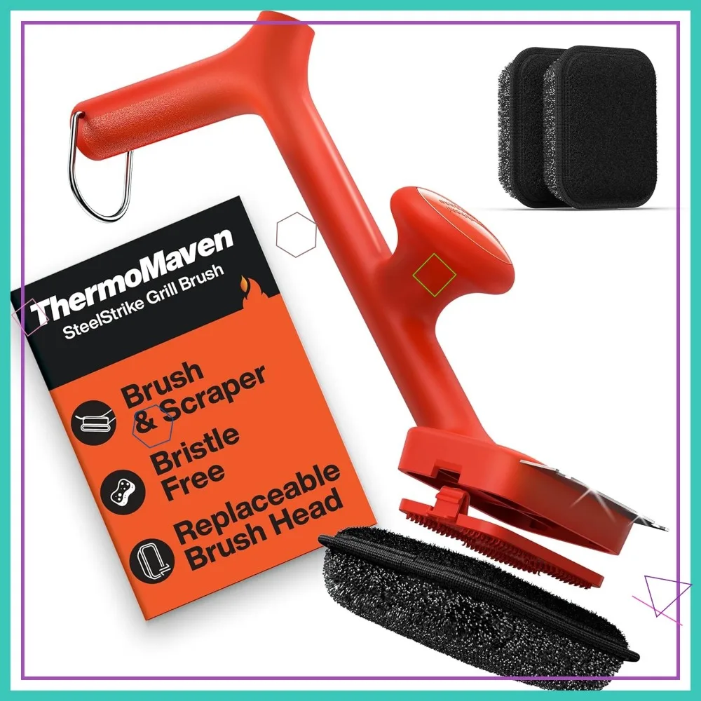 

Bristle-Free Steam Grill Cleaner Brush with Scraper and 3 Heads for Porcelain, Gas, Charcoal Outdoor Barbecue