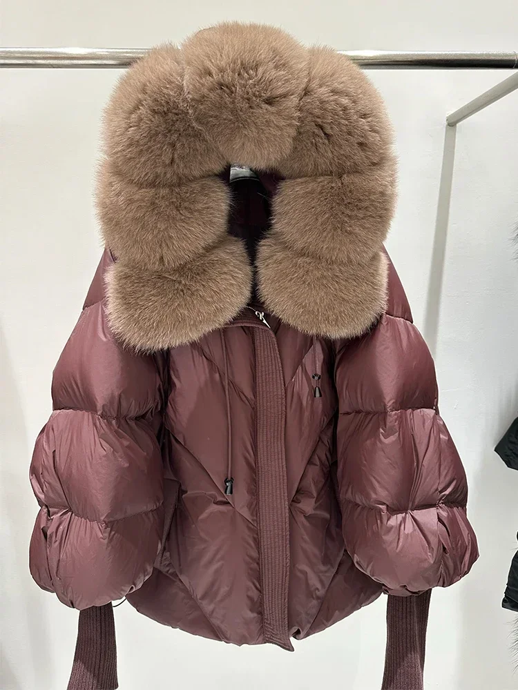 NONE Weiße Ente Daunenmantel Frauen Echtpelz Jacke Mit Kapuze Puffer Jacke Verdicken Warme Gestrickte Ärmel Mittlere Lange Parka Neue Winter Große 7
