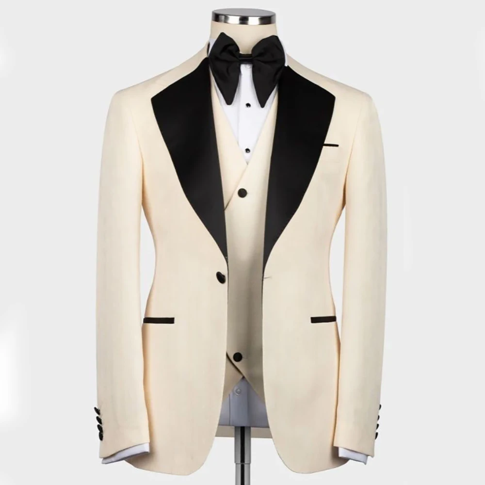 

Slim Fit One Button Men's Suits Beige Notch Lapel Flat Front 3 Piece Jacket Pants Vest Casual Male Clothing Prom Party Blazer