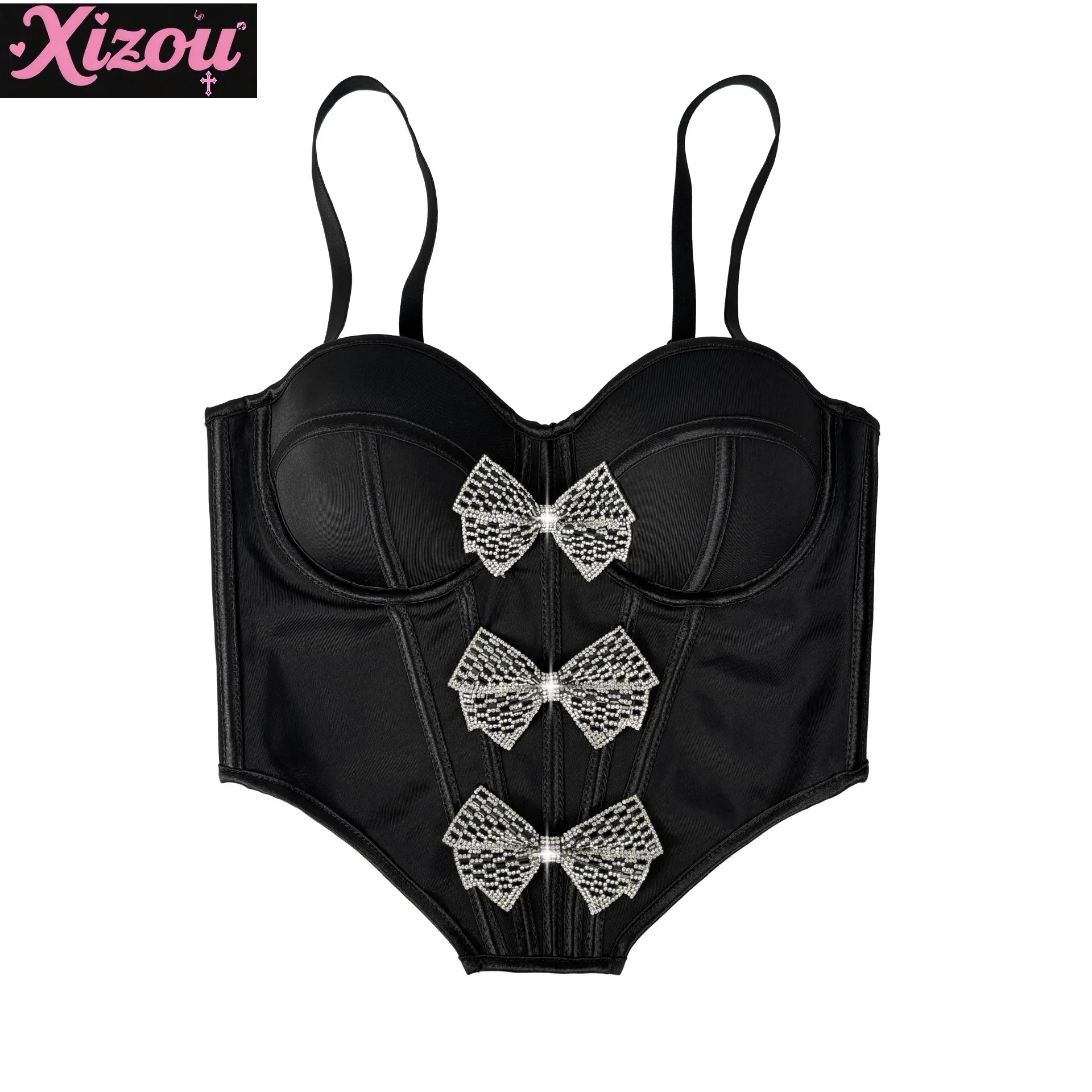 

Europe America Dark Cool Spicy Girls Rhinestone Bow Fishbone Bust Women's Sexy Tube Top Waist Sling Vest Wear Fishbone Tops