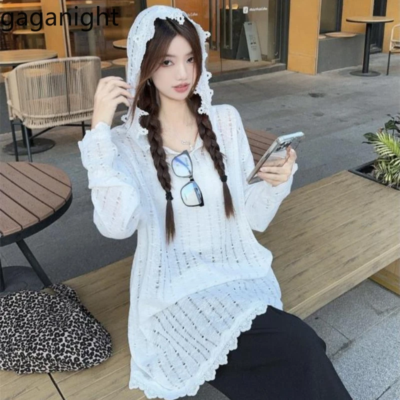 Gaganight Women Lazy Style Hollow Out Patchwork Hooded Lace Shirt 2024 Women's Autumn New Loose Long Sleeved Pullover Top Female