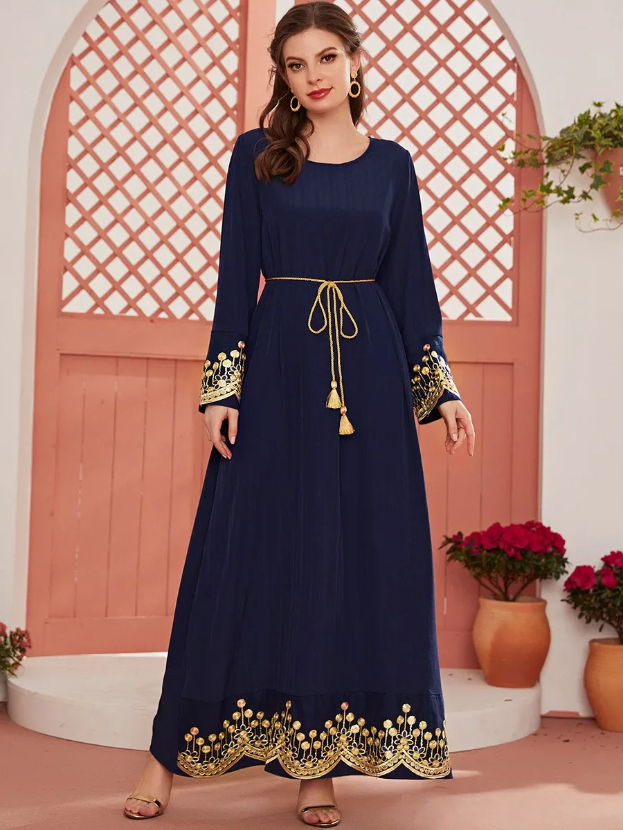 

Autumn Morocco Muslim Dress Women Lace-up Abaya Kaftans Lace A-line Dresses Woman Dubai Turkey Islam Long Robe Femme Vestidos