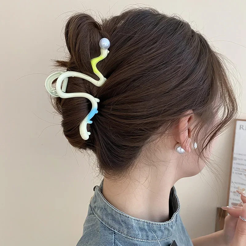 مشابك شعر على شكل ثعبان للنساء، دبوس شعر ملون متدرج اللؤلؤ، إكسسوارات شعر عصرية على شكل موجة حلوة، غطاء رأس للفتيات الكوريات