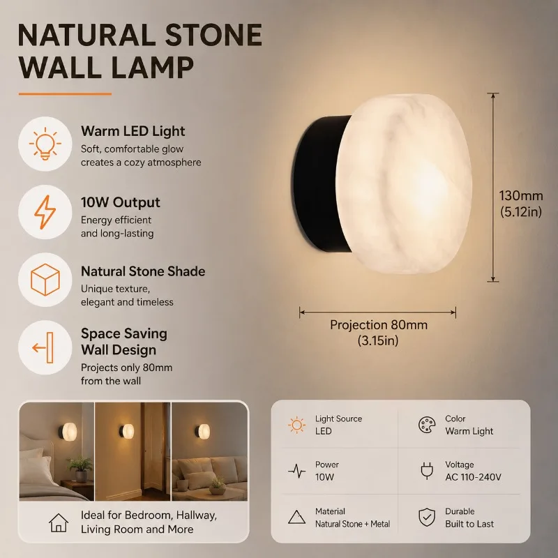 

10W Warm Light Spanish Natural Marble Wall Lamp Round Indoor Bedroom Bedhead Villa Courtyard Decorative Wall Lamp