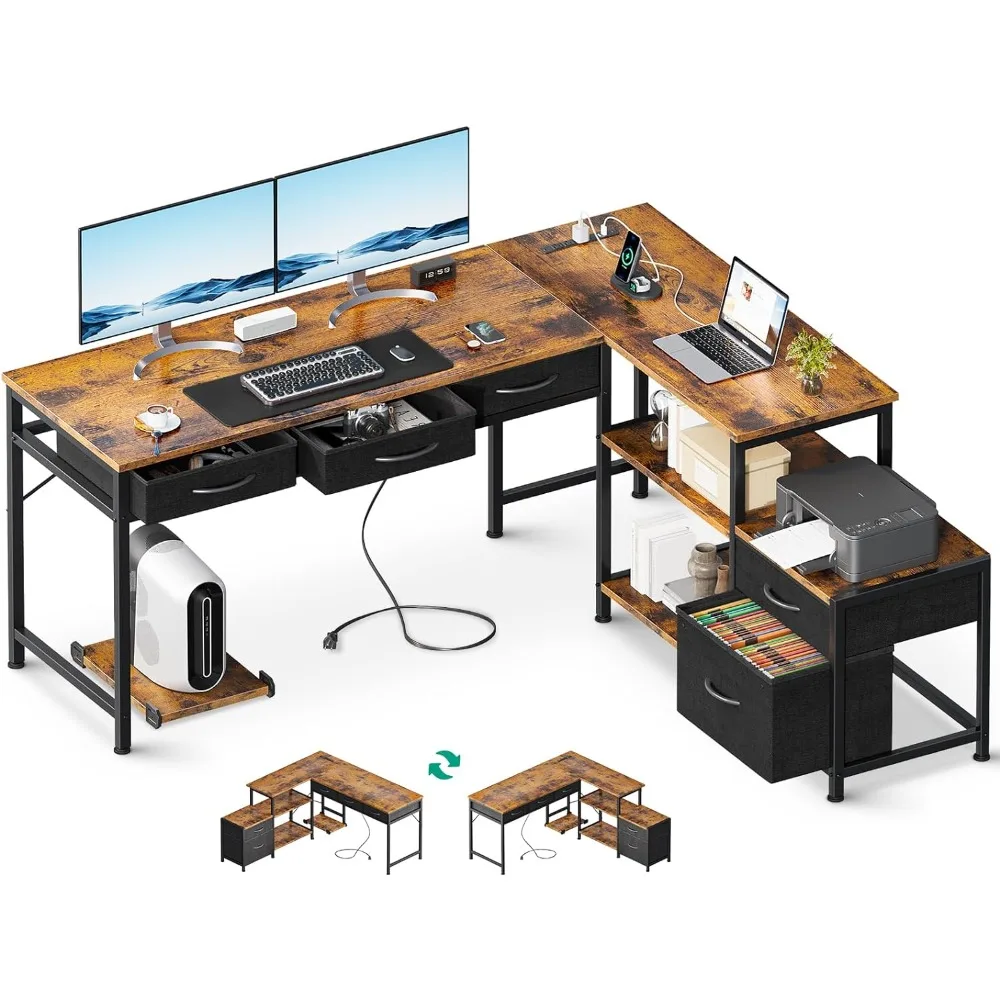 

L Shaped Computer Desk with Fabric Drawers and File Cabinet, 53" Reversible Home Office Workstation Desk with Power Outlets