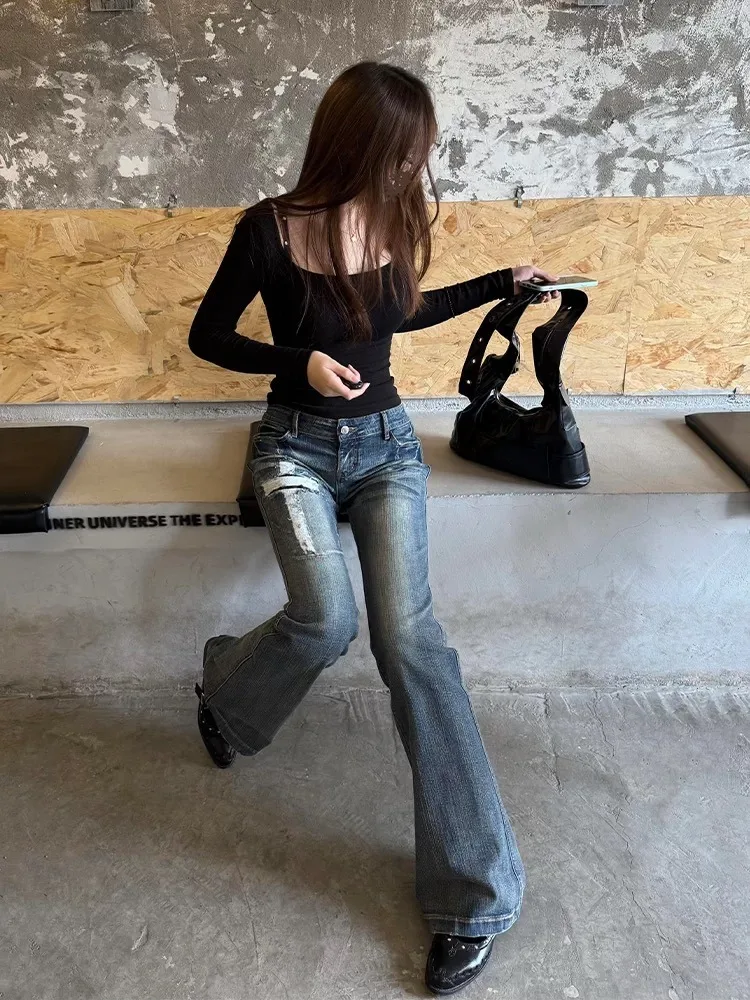 Y2K Grunge Women Low‑Waist Flare Jeans Vintage Dark Washed Denim Pants White Cross Trousers Gothic Streetwear Casual Bottoms New