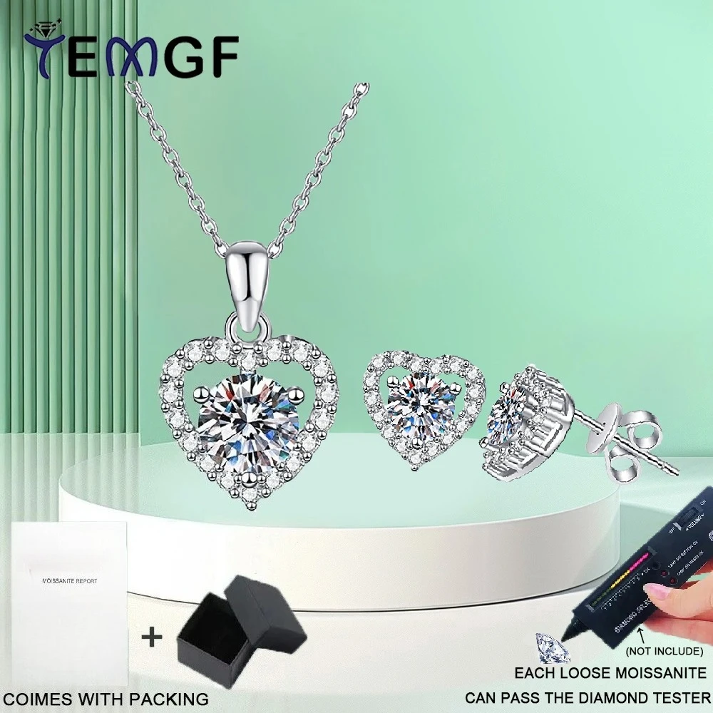

TEMGF S925 Pure Silver Necklace Ear Studs Full Moissanite/Zircon Inlay Sparkling Fine Jewelry for Women Classic Hot Love Gifts