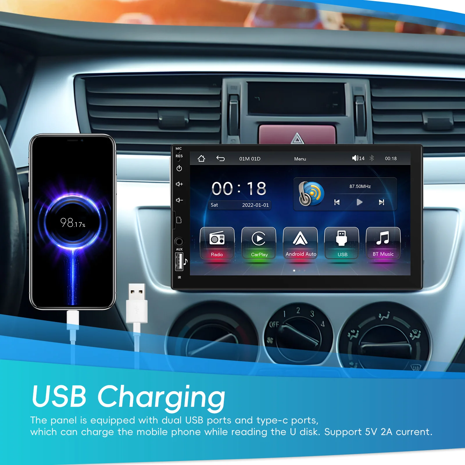 Hikity 7 "شاشة تعمل باللمس 1DIN Carplay أندرويد السيارات سيارة مشغل MP5 مع بلوتوث FM استقبال متعدد الوظائف منفذ USB EQ مرآة الارتباط