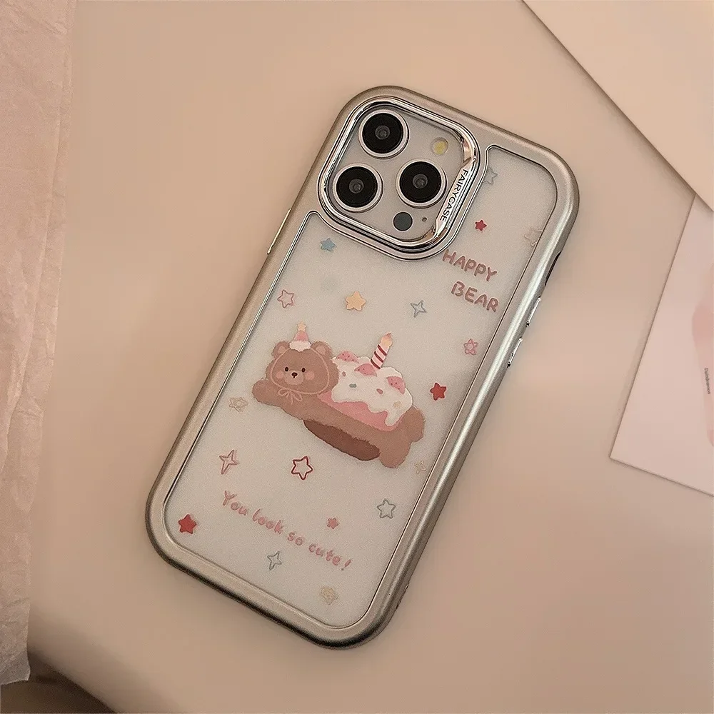 Ins Style Electroplating Cake Bear Phone Case for IPhone16 15 14 12 13 11 Pro ProMax Plus X XR Shockproof Phone Cover