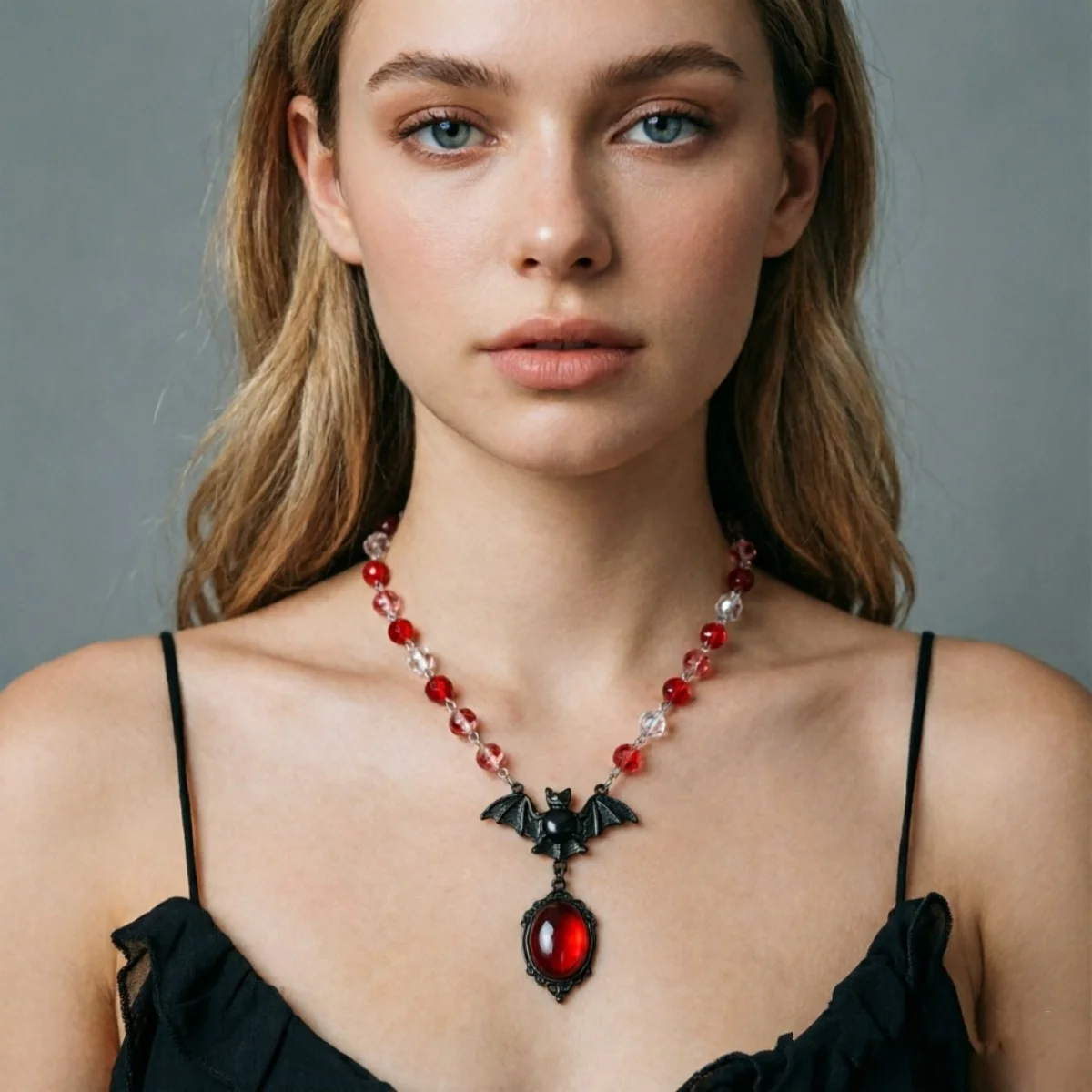 Kreative Gothic-Halskette mit rot-weißem Kristallperlen-Fledermaus-Anhänger für Damen und Herren, Halloween-Punk-Flugfledermaus-Choker, Cosplay-Party-Schmuck – Detail 15
