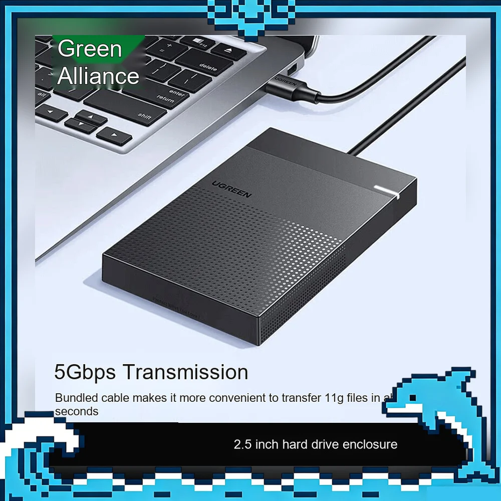 UGREEN 30719 CM471 2.5 Inch SATA HDD Enclosure USB 3.0 Built-in Cable 5Gbps External Hard Drive Case