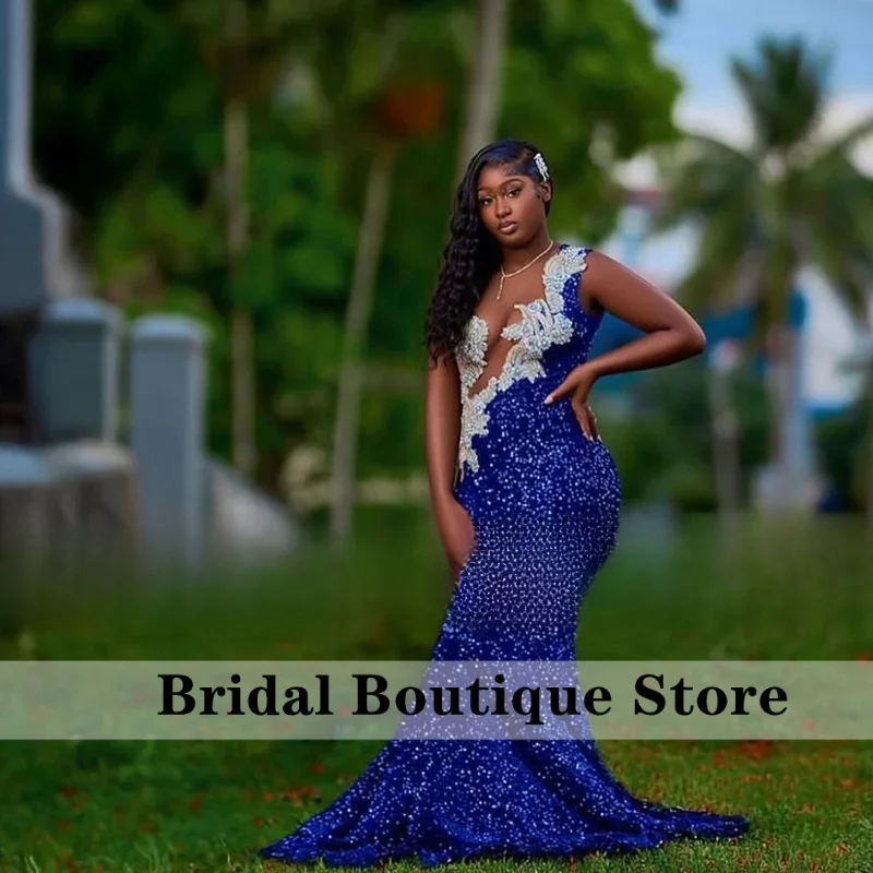 Stunning Blue Prom Dresses 2025 Luxury Mermaid Party Dress Long Crystal Sequined Elegant Celebrity Evening Gowns Customized