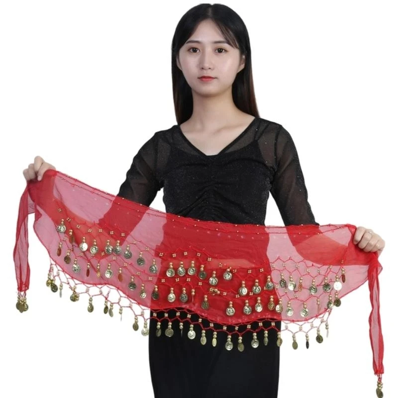 39BB Belly Dance Hip Scarf,Sweet Belly Dance Skirt Wrap with 72/98 Gold Performances Belly Dance Costume for Women