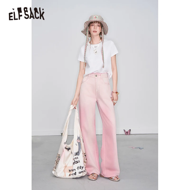 ELFSACK 2025 Spring New Arrivals Y2K Raw Edge High Waist Pink Gradient Jeans Women Sweet Wide Leg Pants