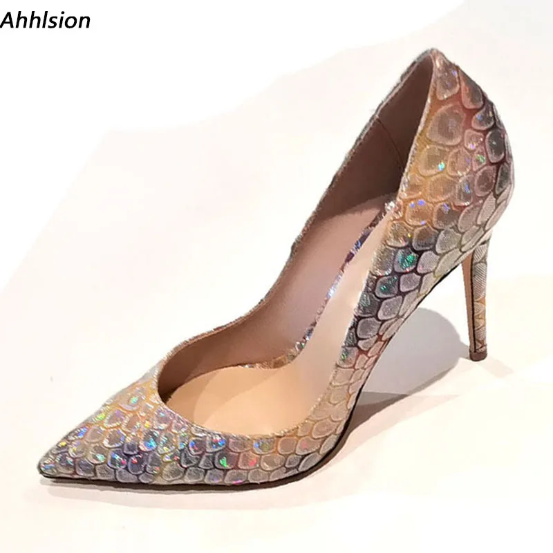 

Ahhlsion New Fashion Women Pumps Fish Scale Sexy Stiletto Heels Pointed Toe Beautiful Banquet Shoes Ladies US Size 5-13