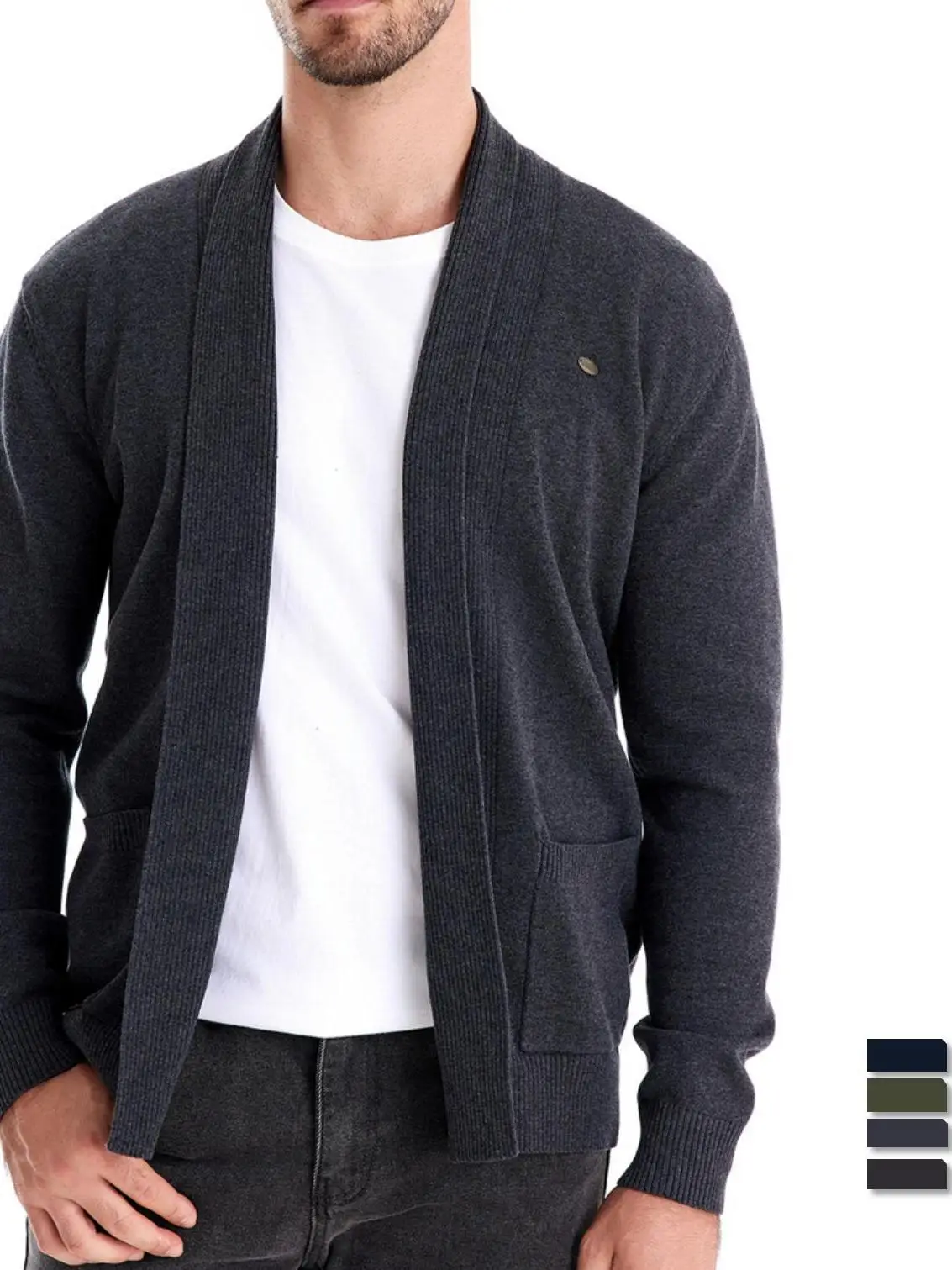

Повседневный вязаный свитер-кардиган для мужчин, свободный крой, однотонный, с высокой эластичностью, длинный рукав, без капюшона