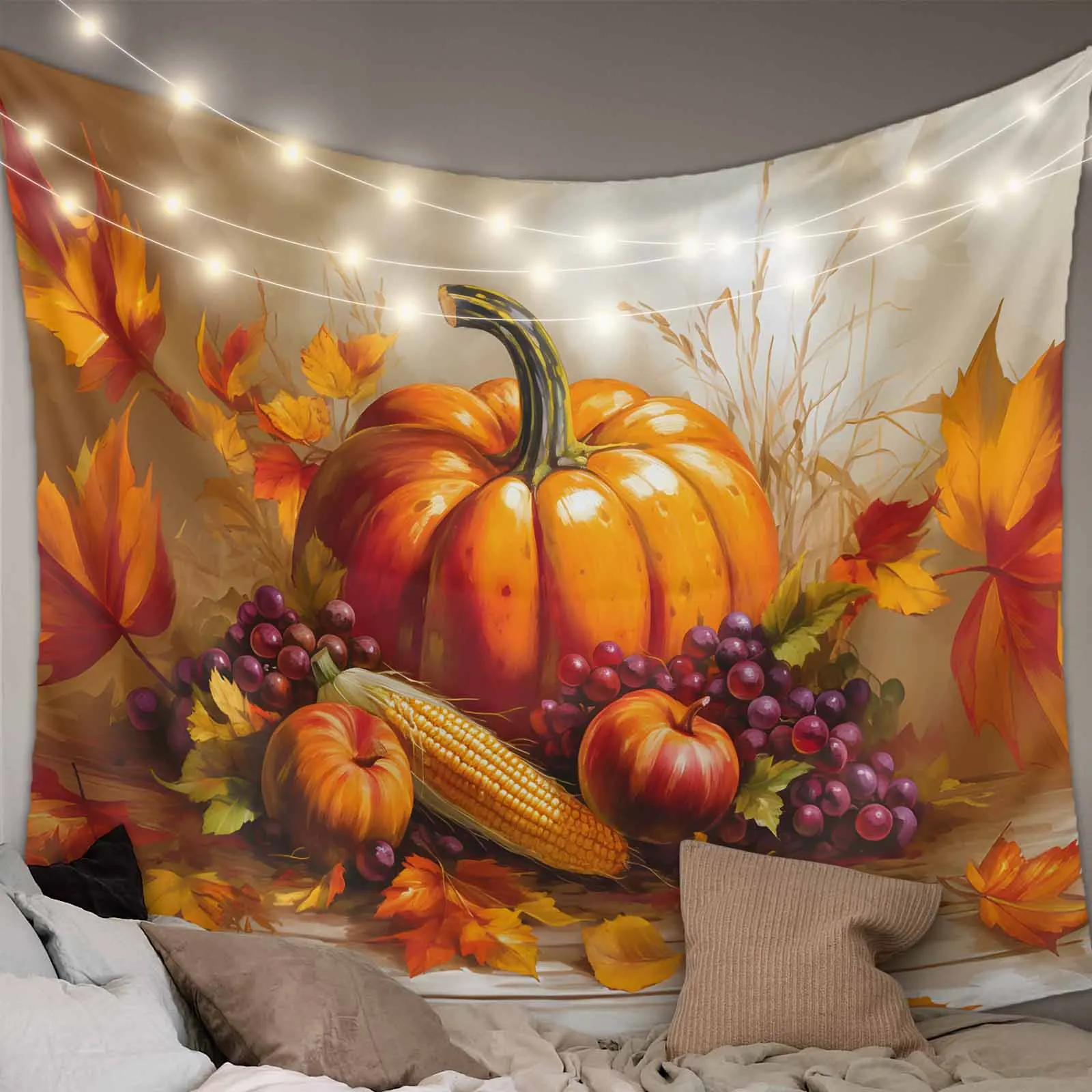 Fall Pumpkin Corn Grapes Tapestry Wall Hanging Custom Boho Decoration Wall Tapestry Home Decor Hanging Cloth