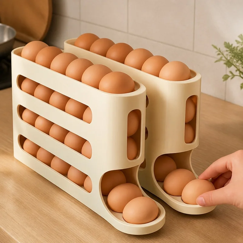 Stackable 2-4 Tier Egg Holder with Ladder Frame, High-Capacity Automatic Rolling Storage for Fridge Door