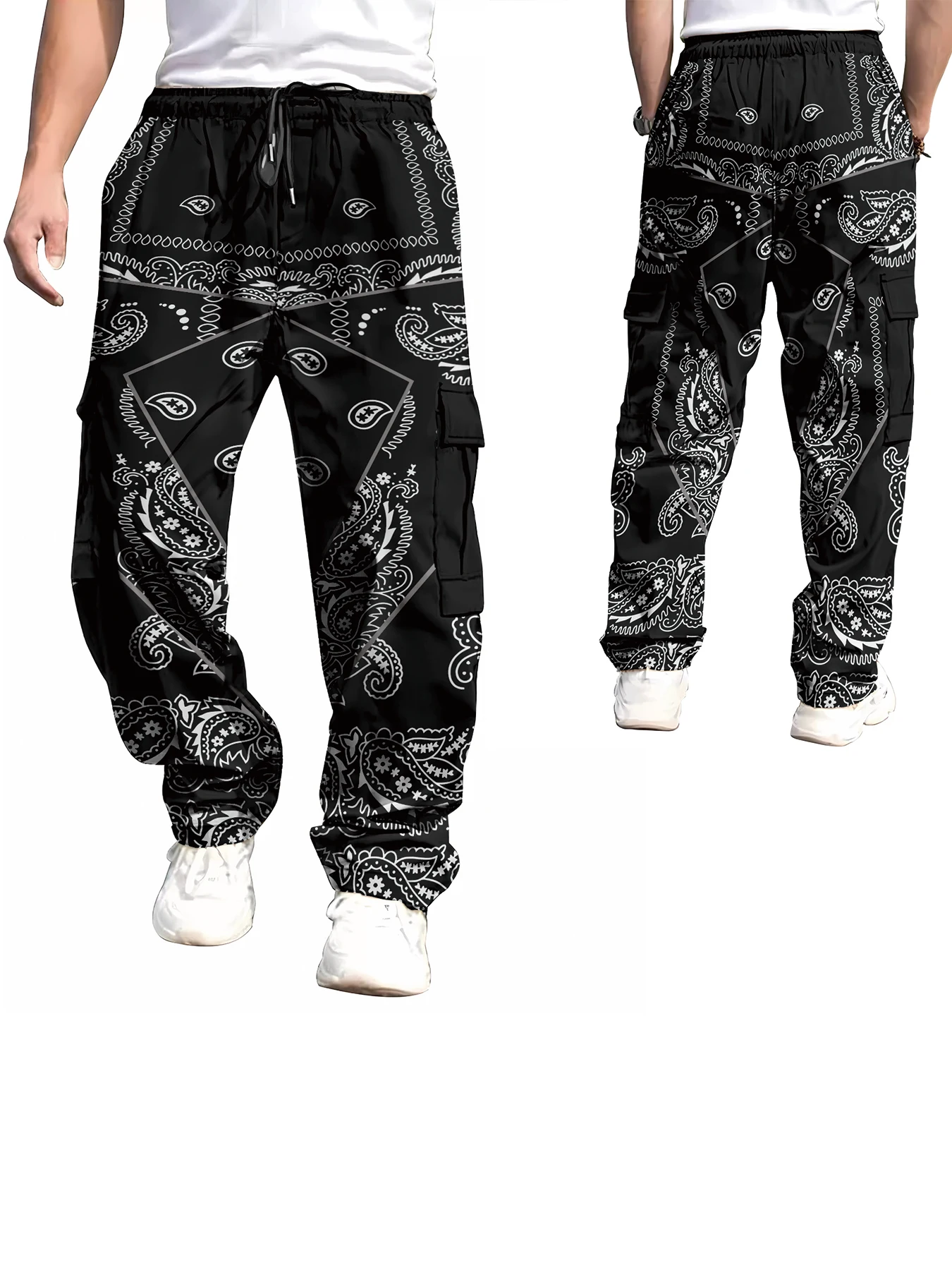 Ruffian Handsome Men's Red Cashew Flower Overalls Tied Feet and Multiple Pockets Daily Outdoor Versatile Casual Pants