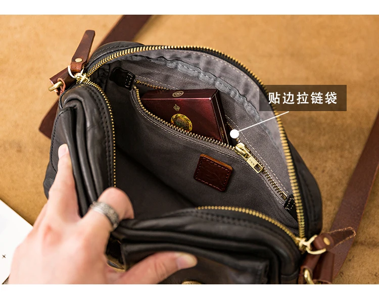 casual handmade vegetable tanned leather men's multi-pocket shoulder bag fashion weekend party genuine leather crossbody bag