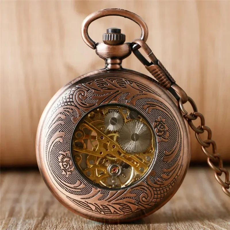 Classic Rose Gold Pocket Watch Skeleton Hand-winding Mechanical Clock Carving Flower Design Pendant Chain Roman Number Dial Gift