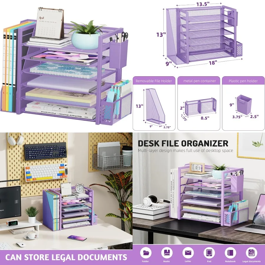 منظم ملفات مكتبي مكون من 6 طبقات مع حامل ملفات صينية الحروف الورقية وحاوية أقلام للمكتب أو المنزل ومساحة العمل باللون الأرجواني الفعالة #1