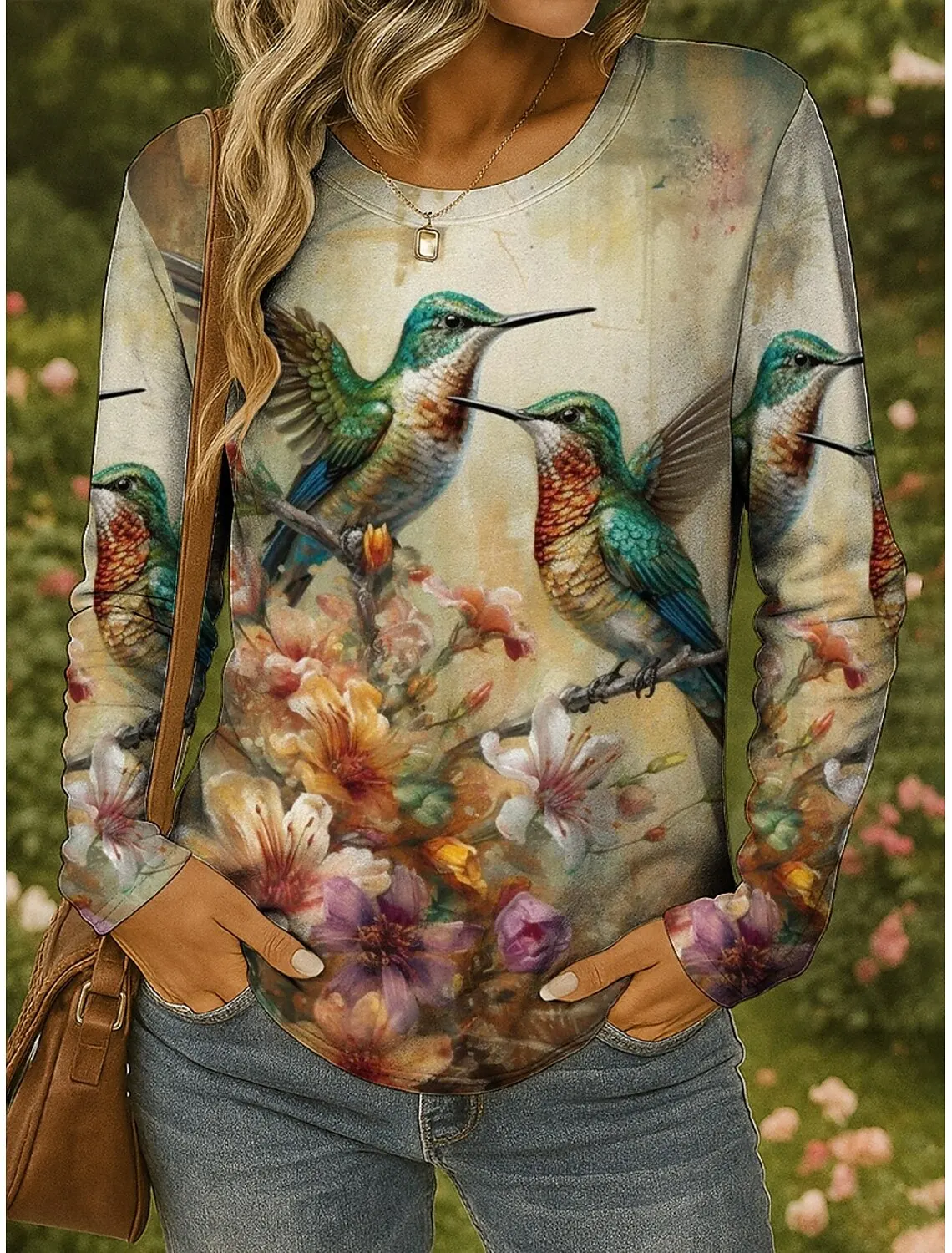 

Women's T Shirt Floral Graphic Bird Tees Fashion Stylish Long Sleeve Crew Neck Regular Tops 3D Printed Summer Casual Pullover