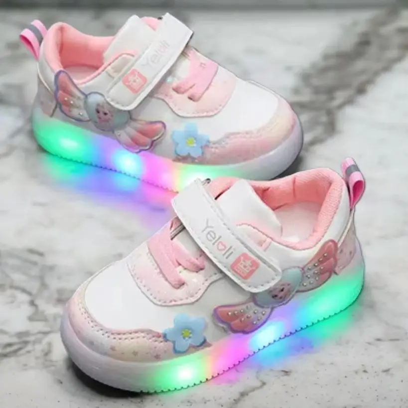 

Disney LED Casual Pink Purple For Spring Girls Frozen Elsa Princess Print Outdoor Children Lighted Non-slip Shoes Size 22-31