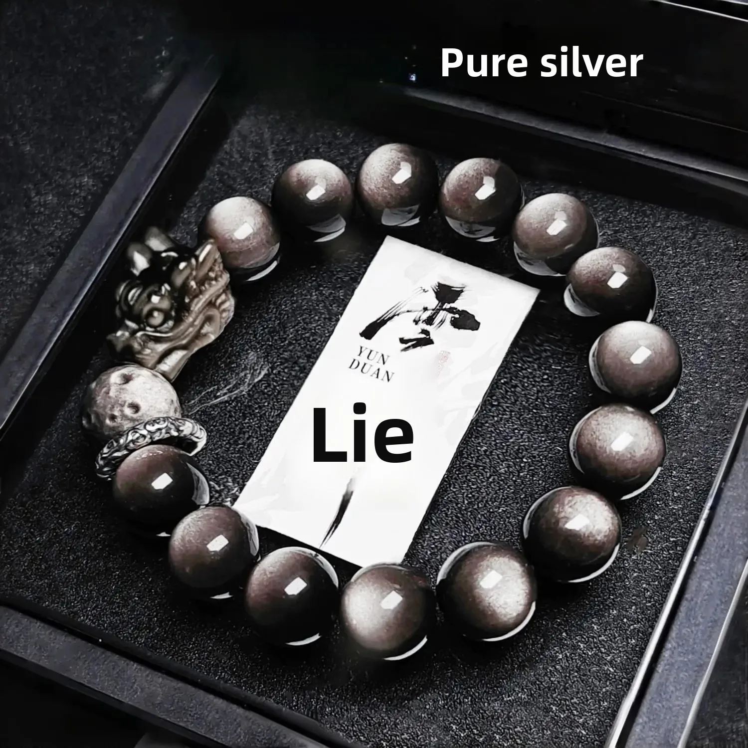 Natürliches Silber-Obsidian Drachenkopf-Armband Sterling Silber Laufender Ring China Meteoritensand Gold Handkette für Männer und Frauen