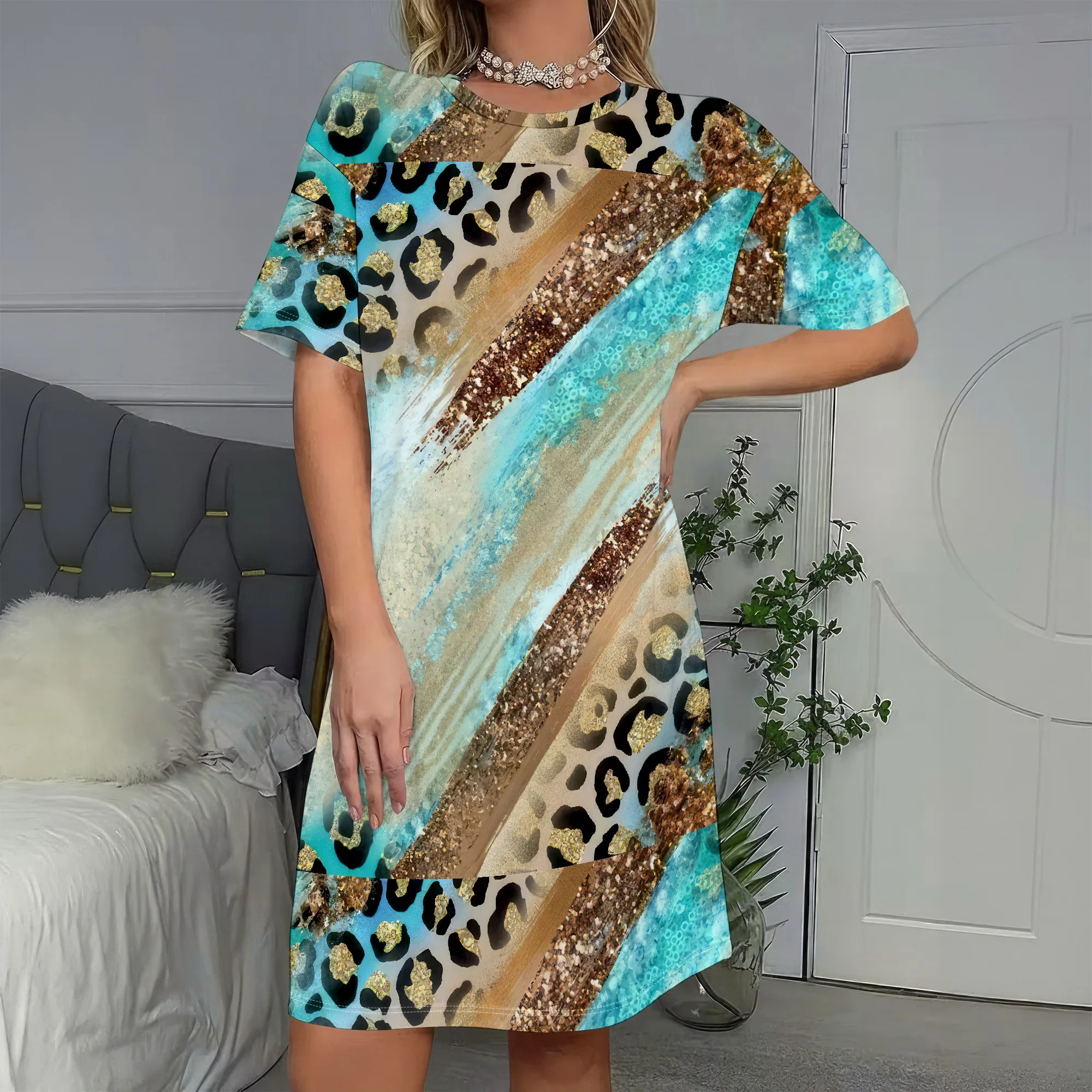 

Abstract Leopard Sequin Dress, Short Sleeve Shift Dress, Glitter Print Mini Dress, Teal Gold Party Dress for Women, S-2XL
