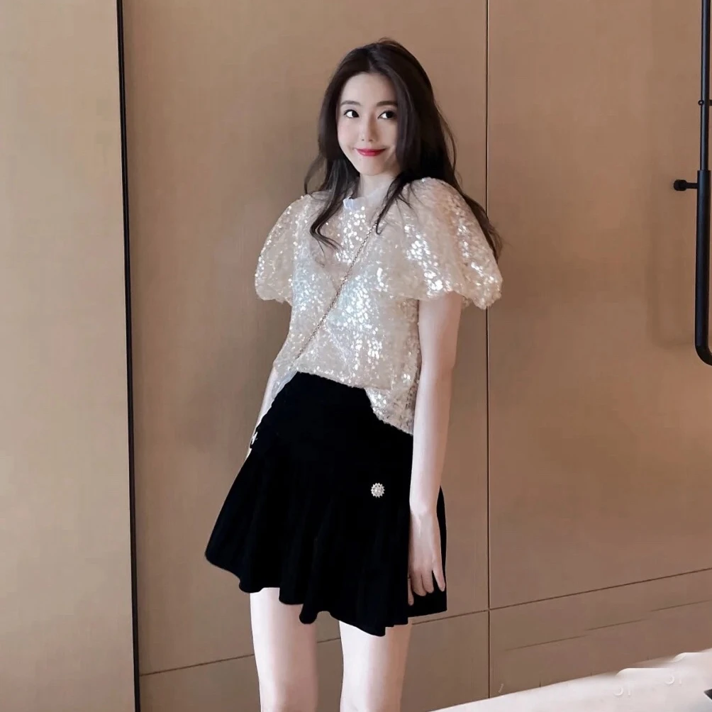 

White Lace Bubble Sve T-irt Women's ort Sve Summer New Sle Glowing Silver Bubble Sve Top round Ne Commute Sle