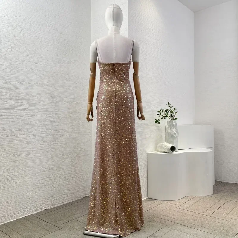 Women's Brown Sleeveless Sequineds Diamonds New Fashion Style Sexy Ruched See Thourth Maxi Tube Dresses for Party