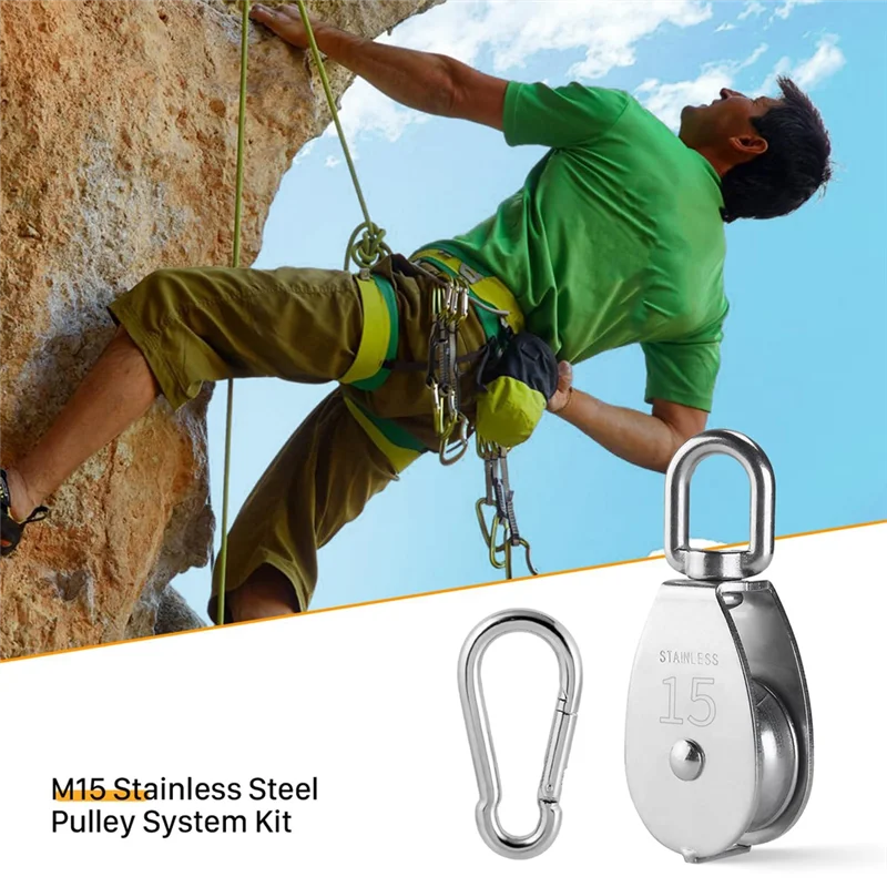 AC62-M15 Stainless Steel Pulley System Kit-Heavy-Duty Pulley Wheel, Pulley Block With Nylon Rope 4MM, Hooks, Plate Durable (2 Pa