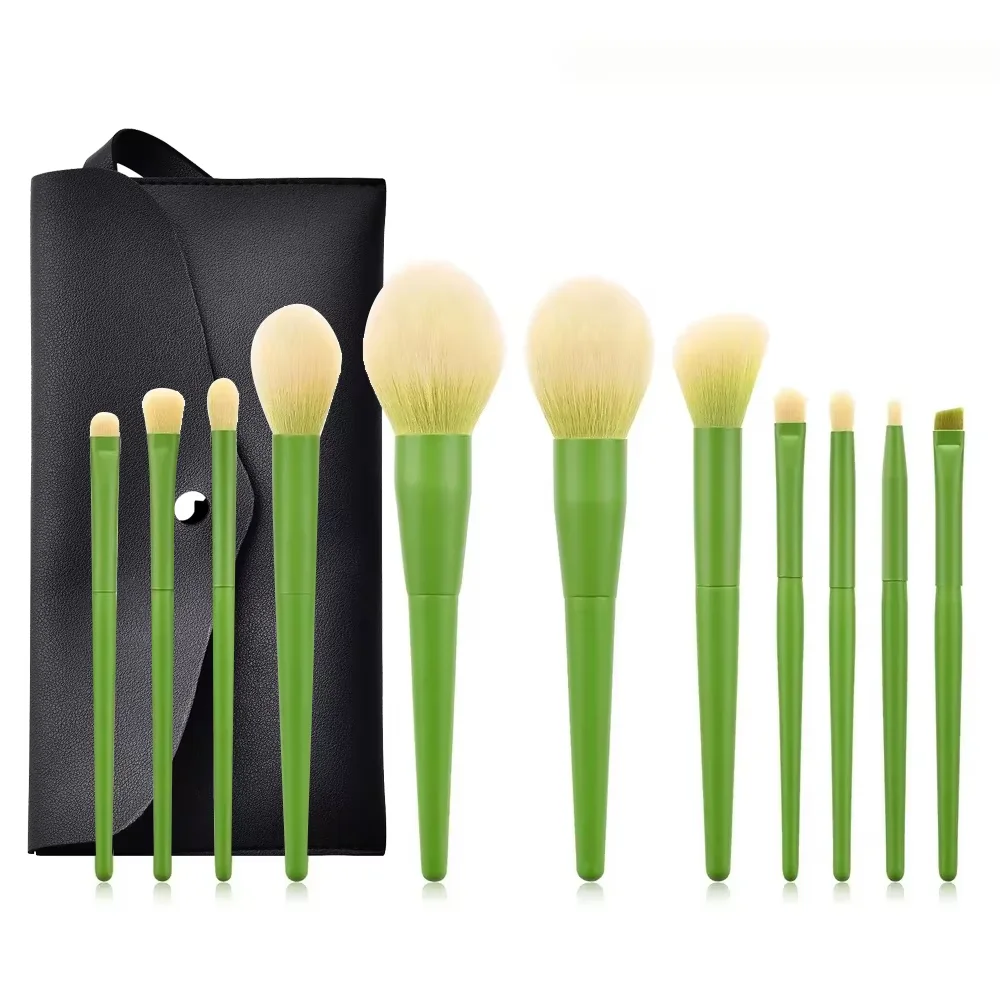 11Pcs Green Synthetic Hair Makeup Brushes Set High Quality Face Cosmetic Brushes for Eyebrow Concealer Powder Contour Blending