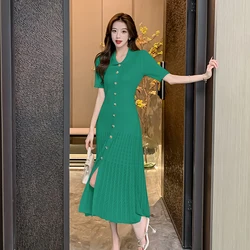 2024 New Fashion Summer Single Breasted Knitted Long Dress Women Lapel Short Sleeve Stretch Hollow Out Split Pleated Vestidos