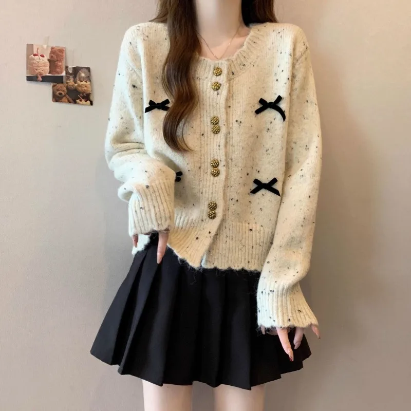Coreano outono doce vento arco malha cardigan feminino de alta qualidade macio ceroso retro cor ponto camisola de malha casaco senhoras solto fino topo