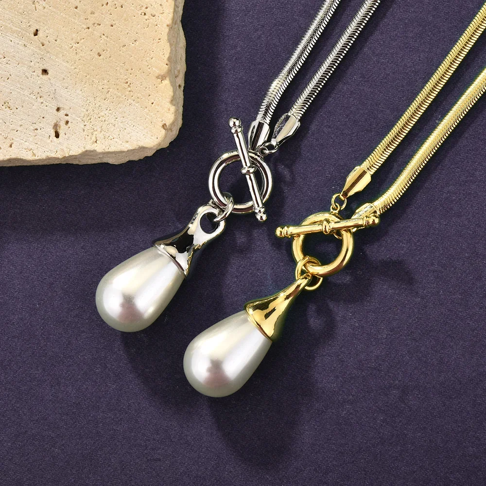 2025 Water drop pearl long necklace for women, light luxury, stackable, universal buckle, snake bone chain, collarbone chain