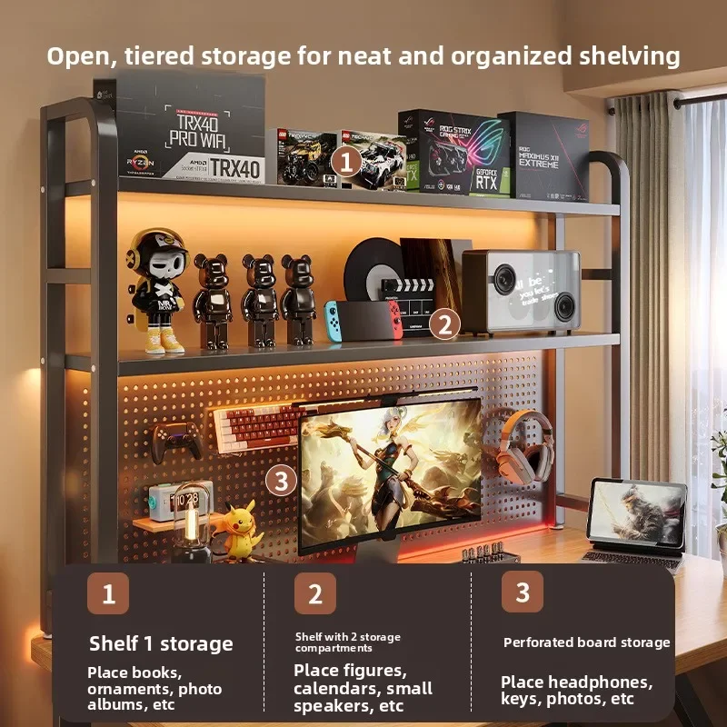 Desktop Organizer Stand with Pegboard Iron Bookshelf for Home Office Multi-Tier Storage Rack for Monitor & Accessories