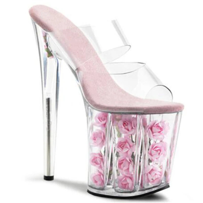 New Fashionable High Heel Charming Flower Transparent Platform Women's Shoes OL Versatile High Heel Slippers 1L