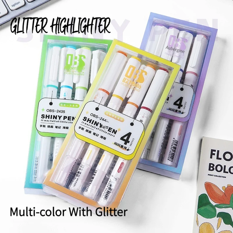 4 Colors/Set Glitter Highlighters Pen Fine Flash Marker Pen Painting Maker For Scrapbook Diary Journal Student Stationery Supply