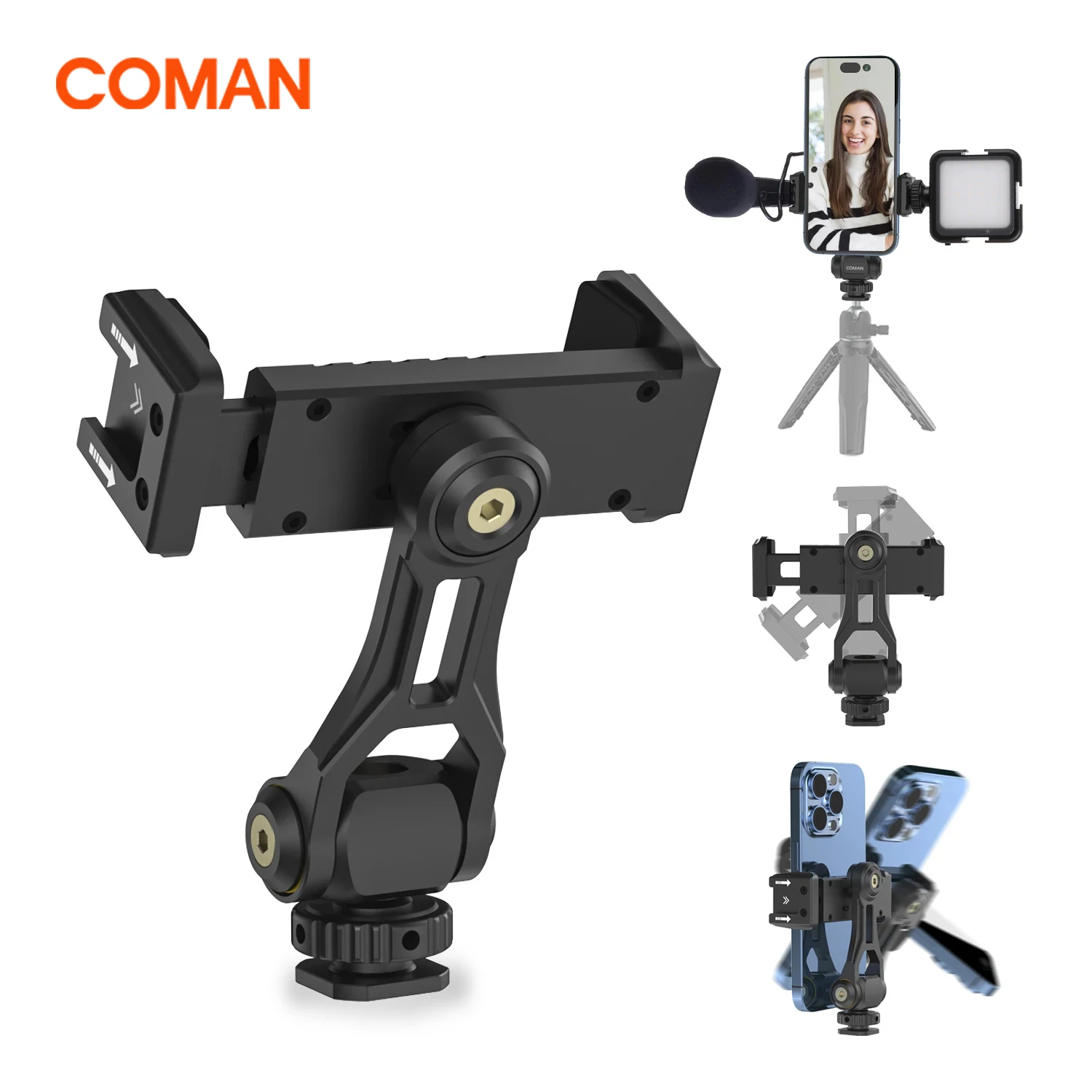 

COMAN EX380 Metal Phone Tripod Mount Holder Stand With 2 Cold Shoe and 1/4" Screw Mount Smartphone Adapter For iPhone 15 Samsung